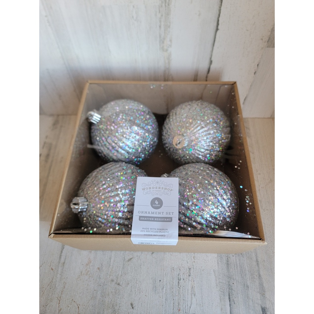 Wonder shop silver 5 inch ball glitter ornament set Xmas home decor